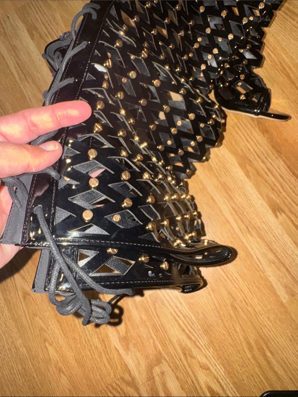 Black Patent Over-the-Knee Lace-Up Stiletto Boots - Picture 4 of 5